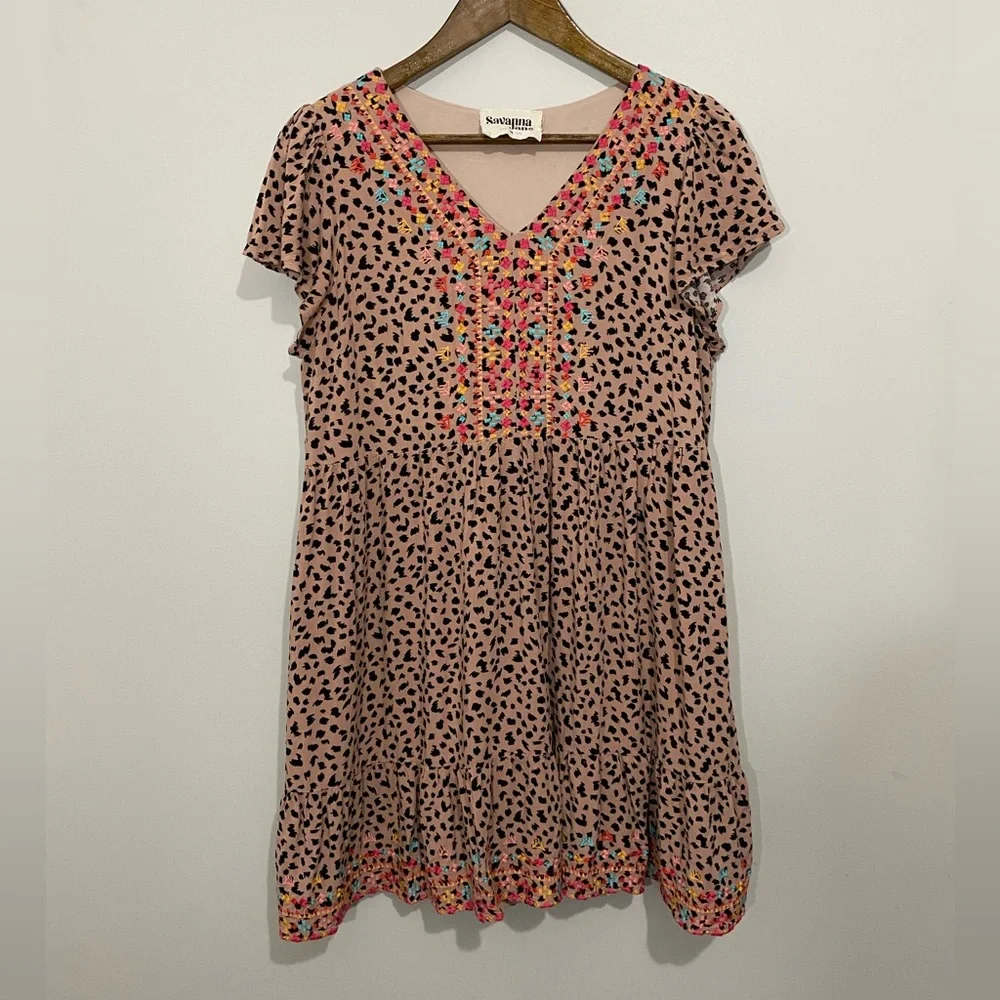 Savanna Jane Boho Festival Leopard Embroidered Tiered Dress Size Medium Babydoll - Picture 5 of 9